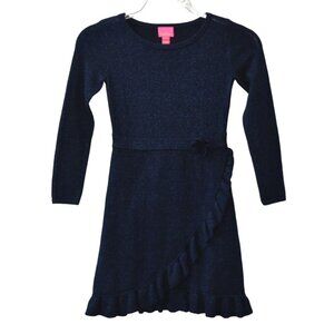 Lilly Pulitzer Stefani Sweater Dress Girls L Navy Blue Sparkle Ruffle Detail
